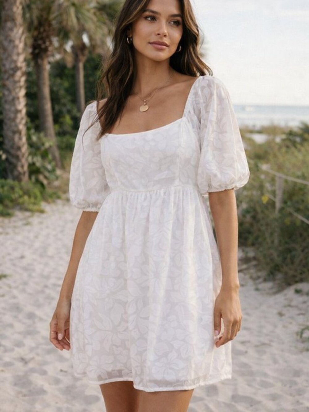 Altar'd State White Puff-Sleeve Floral Jacquard Dress